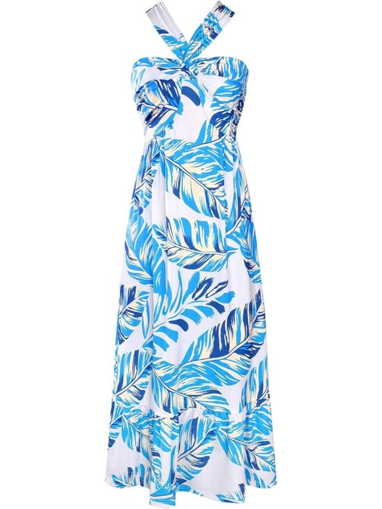 Dresses & Skirts - 🆕Women's Blue Leaf Halter Neck Sleeveless A-Line Summer Soft Comfort Maxi Dress